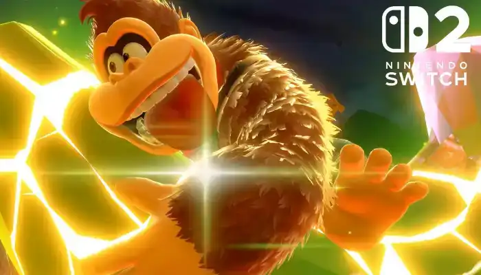 Donkey-Kong-clings-desparately-onto-a-gem-like-banana-in-Donkey-Kong-Banaza -A-Switch-2-logo-is-in-the-upper-right-corner